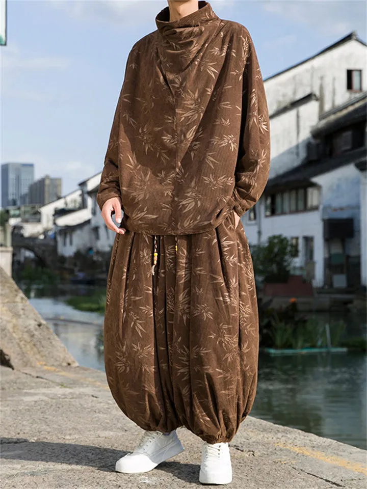 Male Bamboo Leaves Pullover T-shirt & Pants Corduroy Outfits