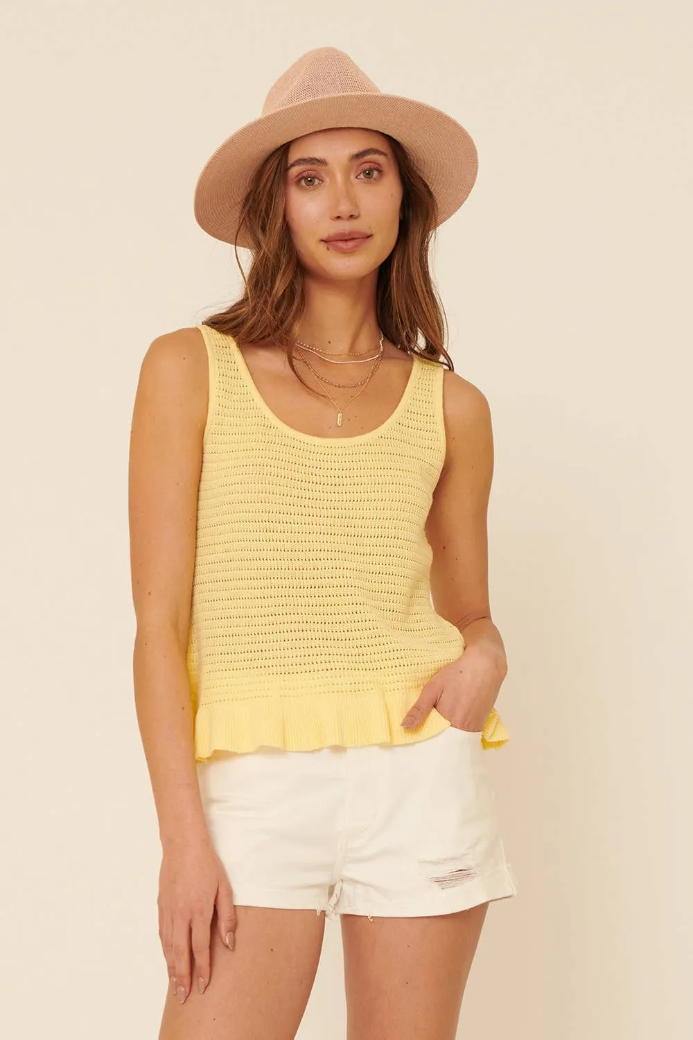 Maria Eyelet Knit Ruffled Hem Tank Top