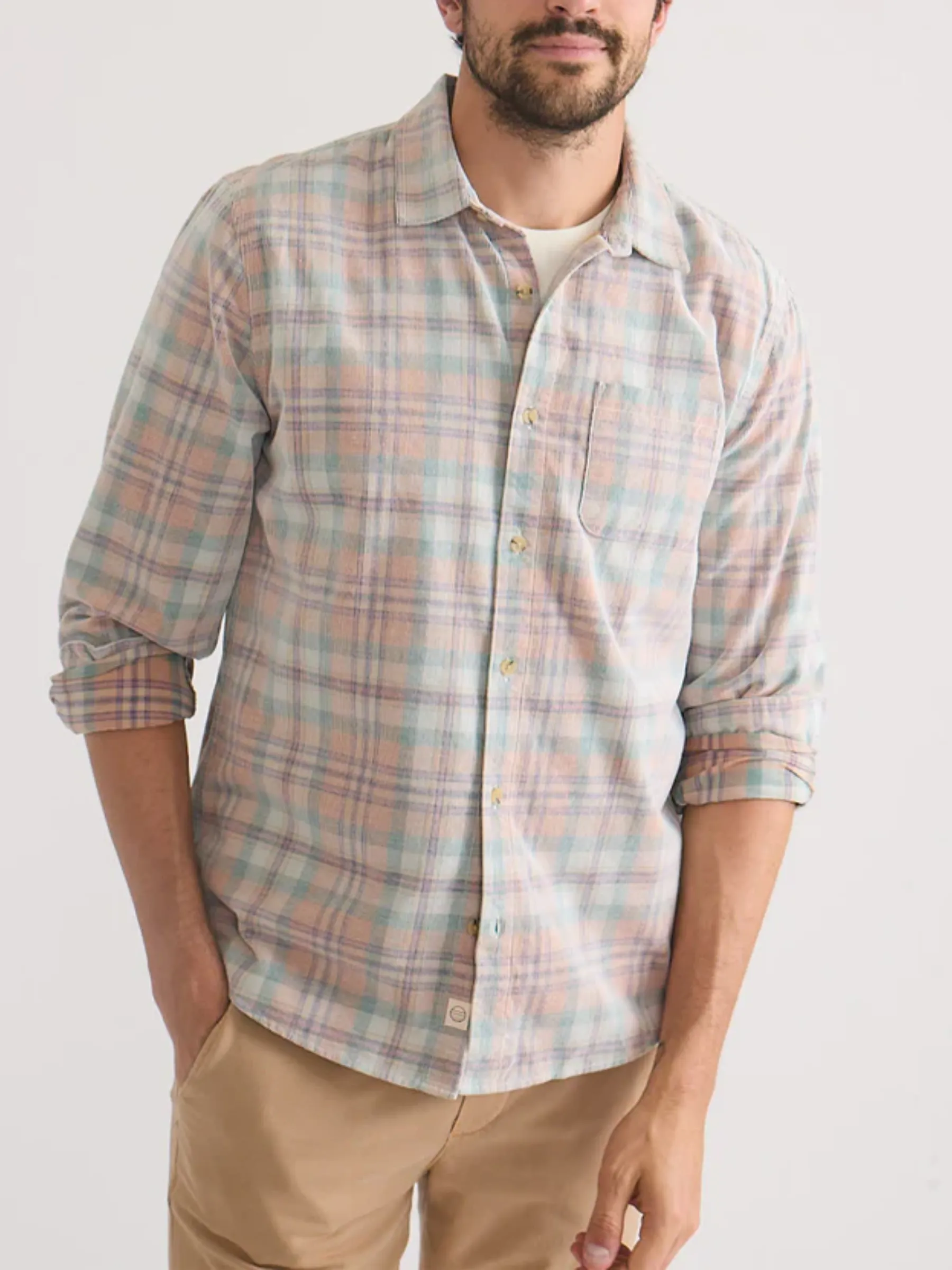 Marine Layer Lightweight Plaid Corduroy Shirt - Cork Multi Plaid