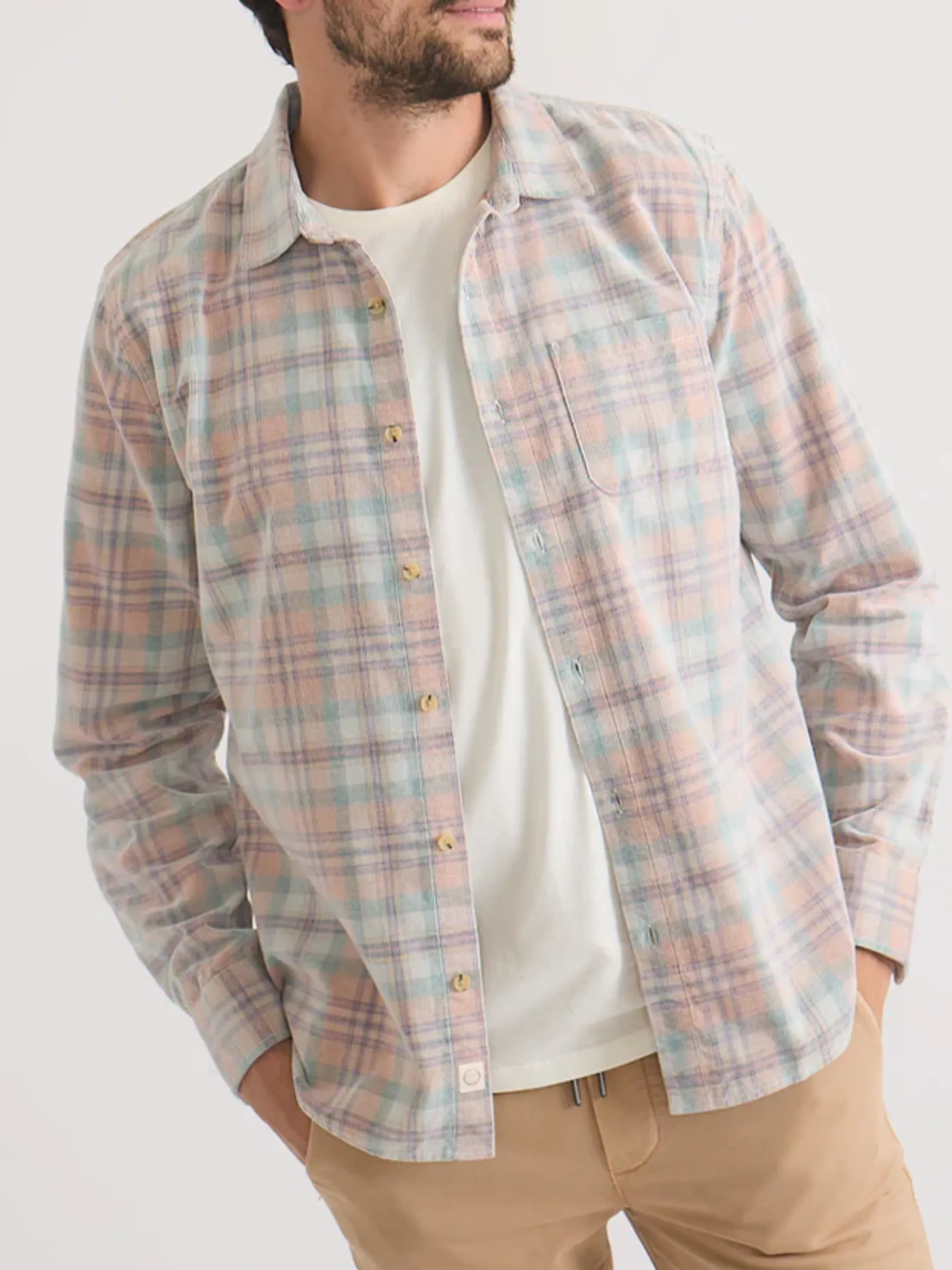 Marine Layer Lightweight Plaid Corduroy Shirt - Cork Multi Plaid