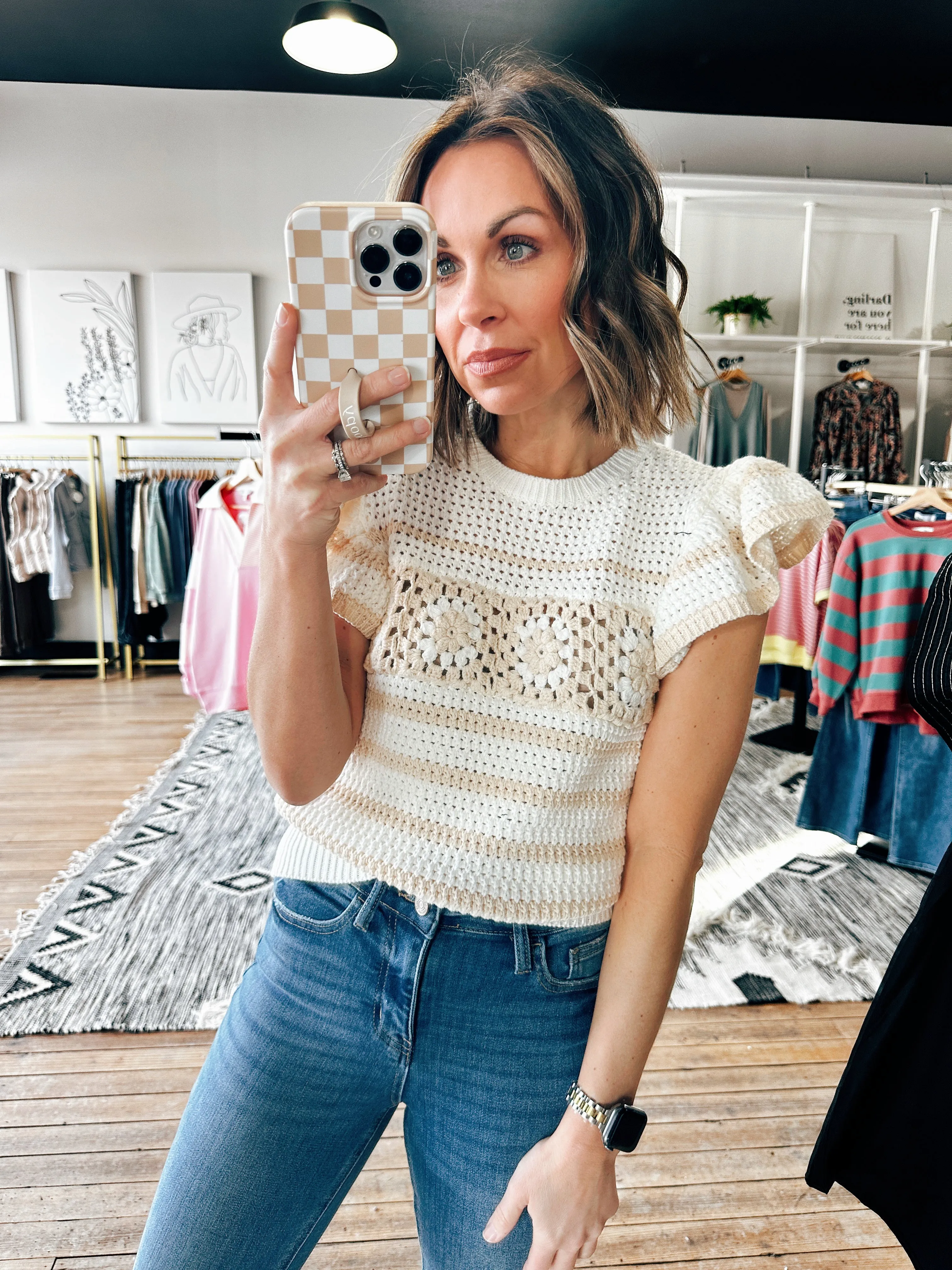 Marley Ruffled Sleeve Crochet Top-2 Colors