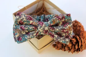 Maroon and Teal Floral Corduroy Bow Tie