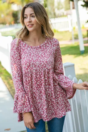 Mauve Brushed Hacci Leopard Print Bell Sleeve Top