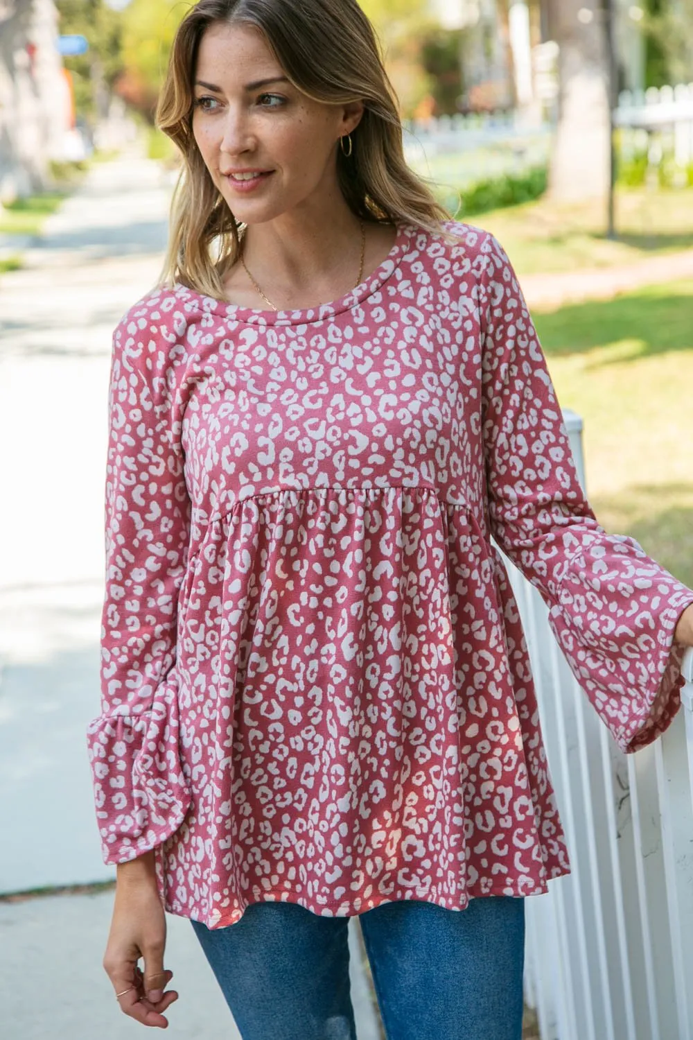 Mauve Brushed Hacci Leopard Print Bell Sleeve Top