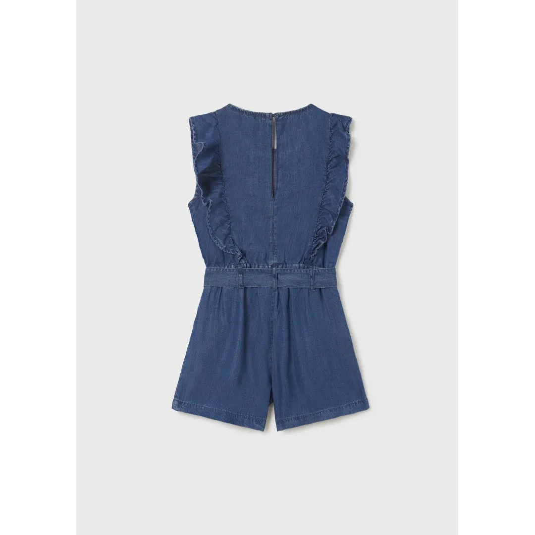 Mayoral Medium Wash Ruffled Denim Romper