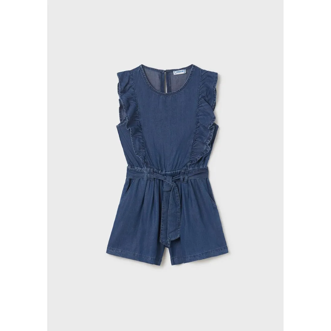 Mayoral Medium Wash Ruffled Denim Romper