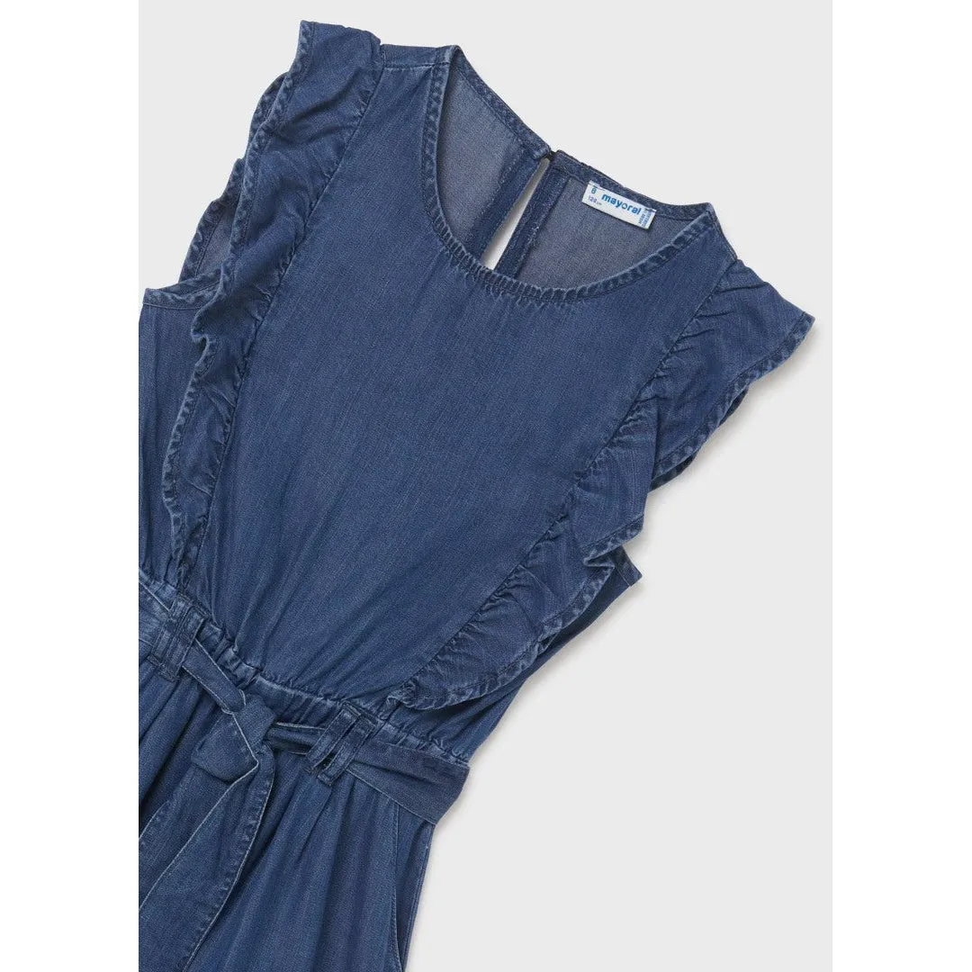 Mayoral Medium Wash Ruffled Denim Romper