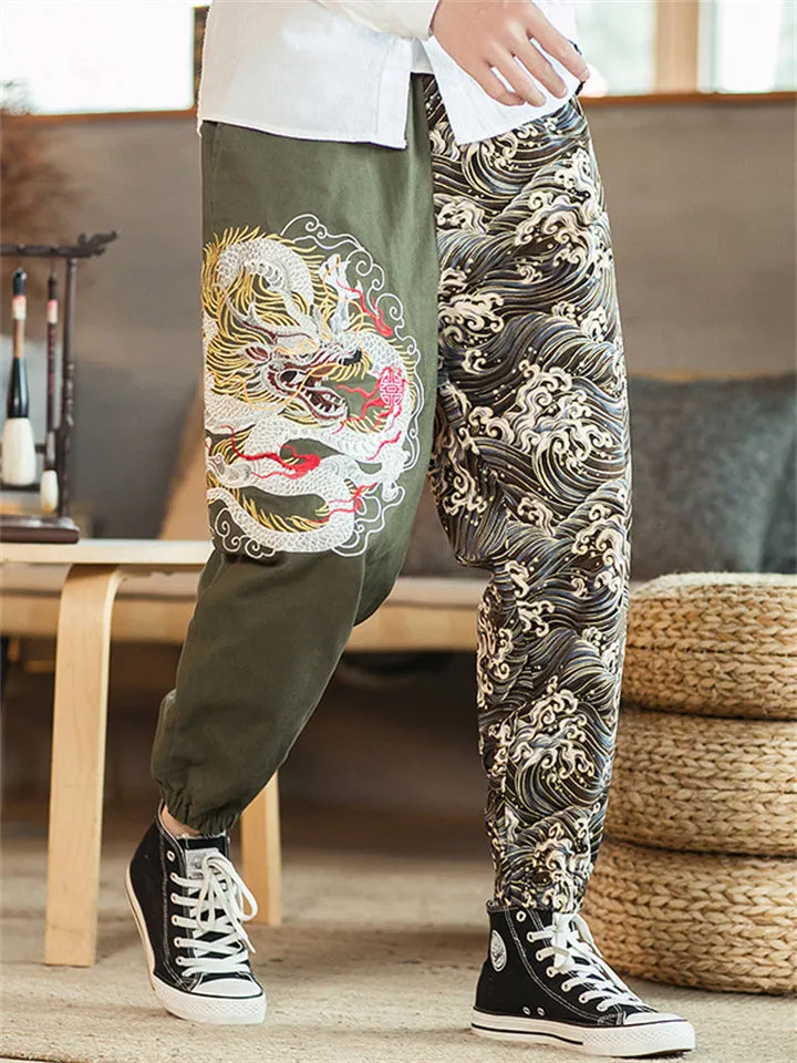 Men's Ancient Loong Sea Wave Embroidery Vintage Pants