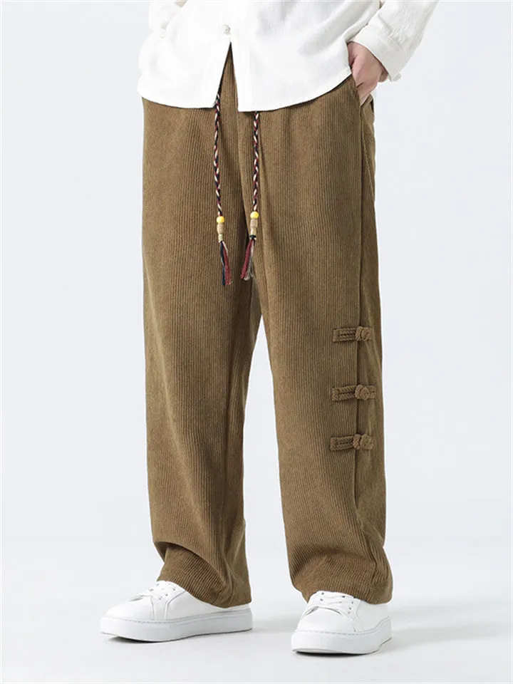 Men's Side Button Decoration Loose Winter Corduroy Pants