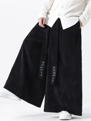 Men's Vintage Corduroy Wide Leg Pants with Floral Embroidery Strap