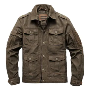 Mens Vintage Leather Jacket Military Field Zipper Lepal Collar Multipockets Flaps Slanted Pockets Brown Genuine Leather Jackets For Men