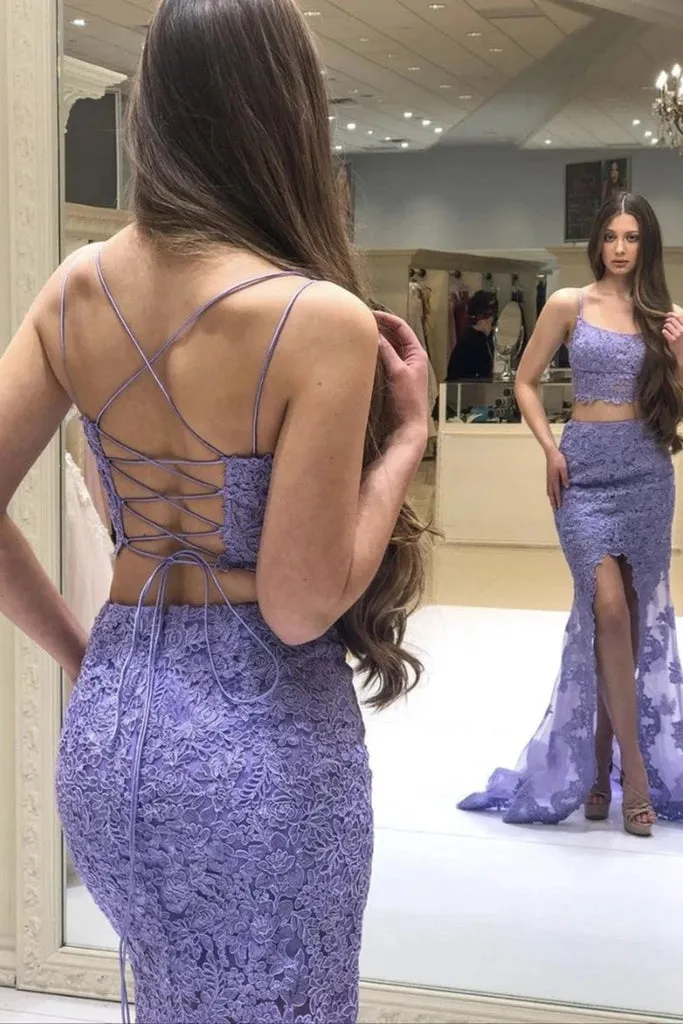 Mermaid 2 Piece Prom Dresses Lace Long Evenig Dresses with Split