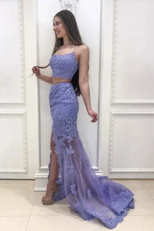 Mermaid 2 Piece Prom Dresses Lace Long Evenig Dresses with Split