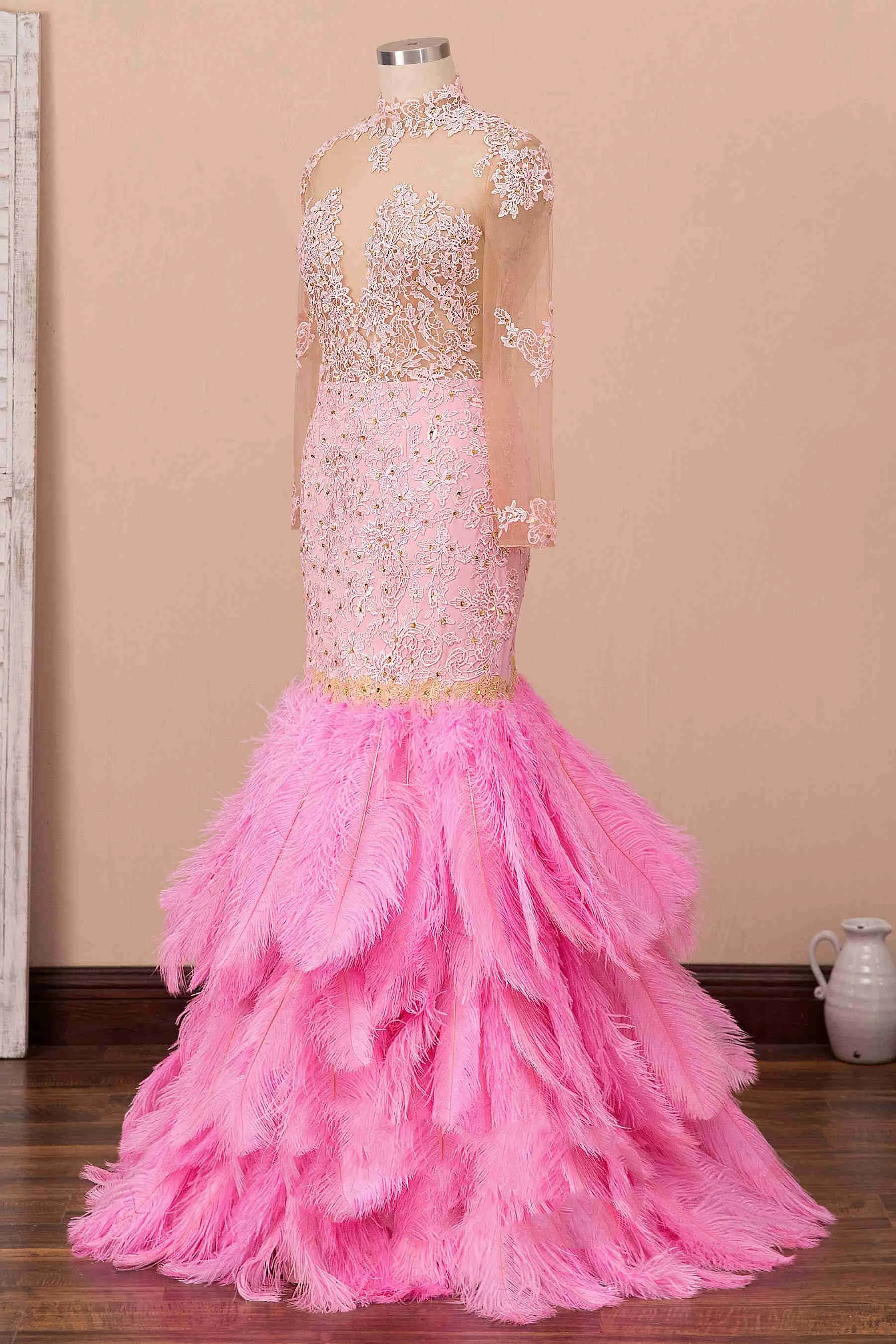 Mermaid Illusion Neck Pink Lace Prom Dress with Fur