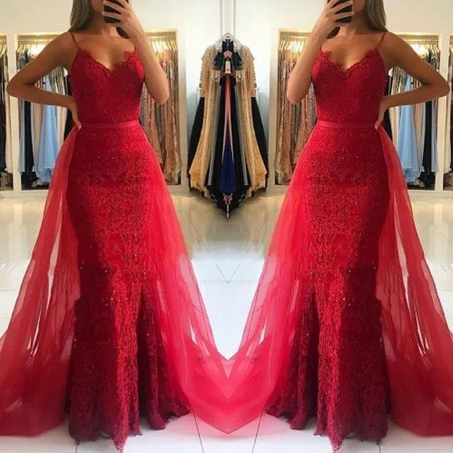 Mermaid Lace Red Prom Dresses Spaghetti Straps with Detachable Train