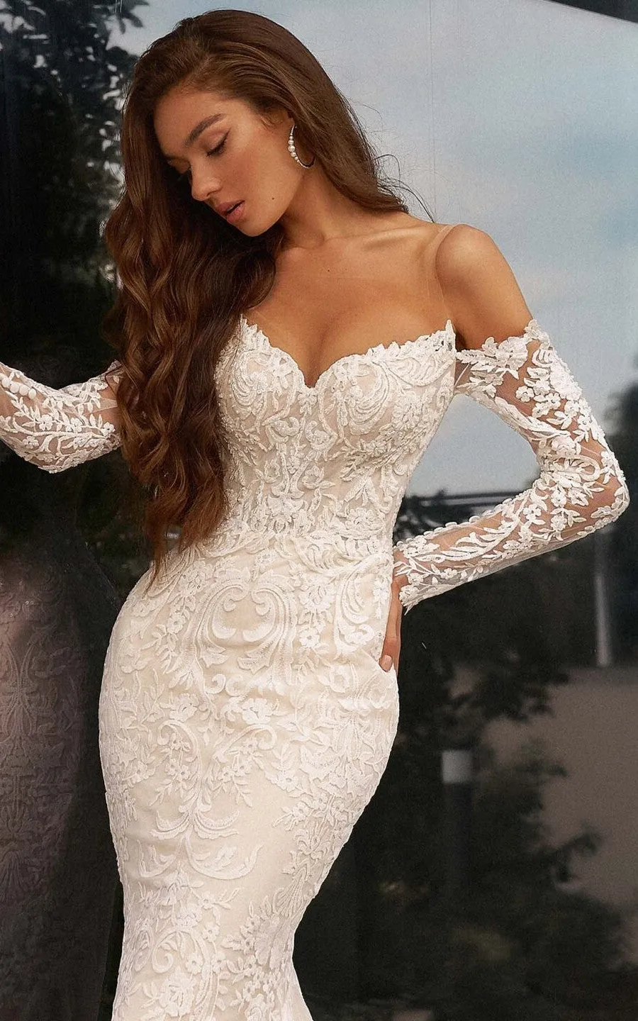 Mermaid Off-the-shoulder V-neck Lace Beach Wedding Dress With Illusion Sleeves And Appliques-716655