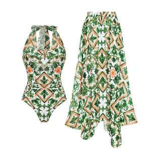 Mesh Halter Straps Printed One Piece  Swimsuit Set - As shown / S
