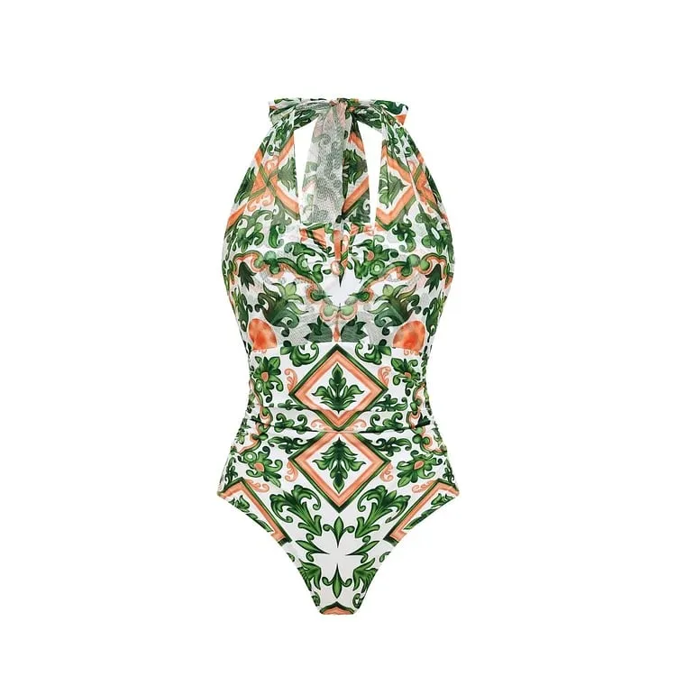 Mesh Halter Straps Printed One Piece  Swimsuit Set - As shown / S