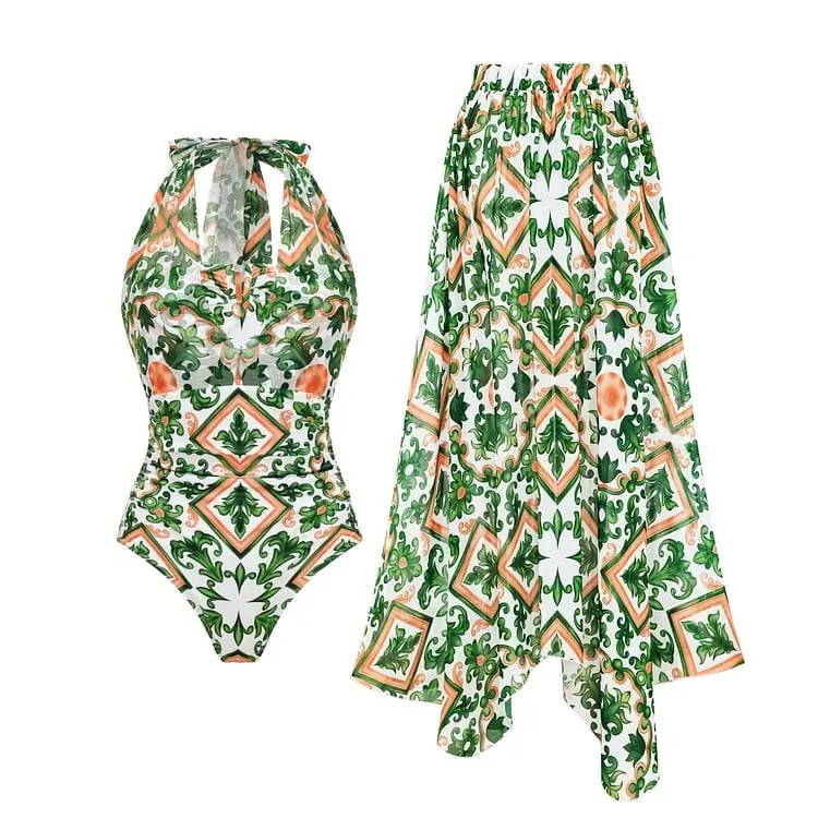 Mesh Halter Straps Printed One Piece  Swimsuit Set - As shown / S