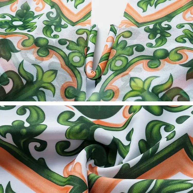 Mesh Halter Straps Printed One Piece  Swimsuit Set - As shown / S