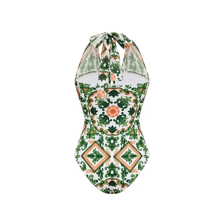 Mesh Halter Straps Printed One Piece  Swimsuit Set - As shown / S