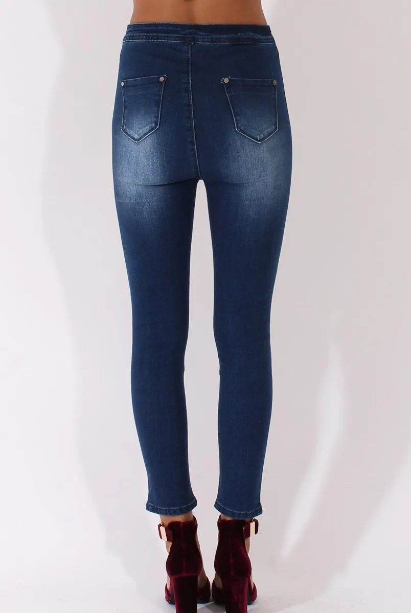 Mid Blue High Waisted Ripped Knee Jeans - Pandora