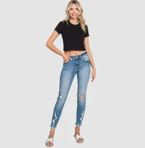 Mid Rise Distressed Ankle Skinny Jeans with Frayed Hem