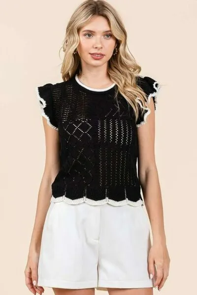 Mittoshop Openwork Contrast Trim Ruffled Cap Sleeve Knit Top