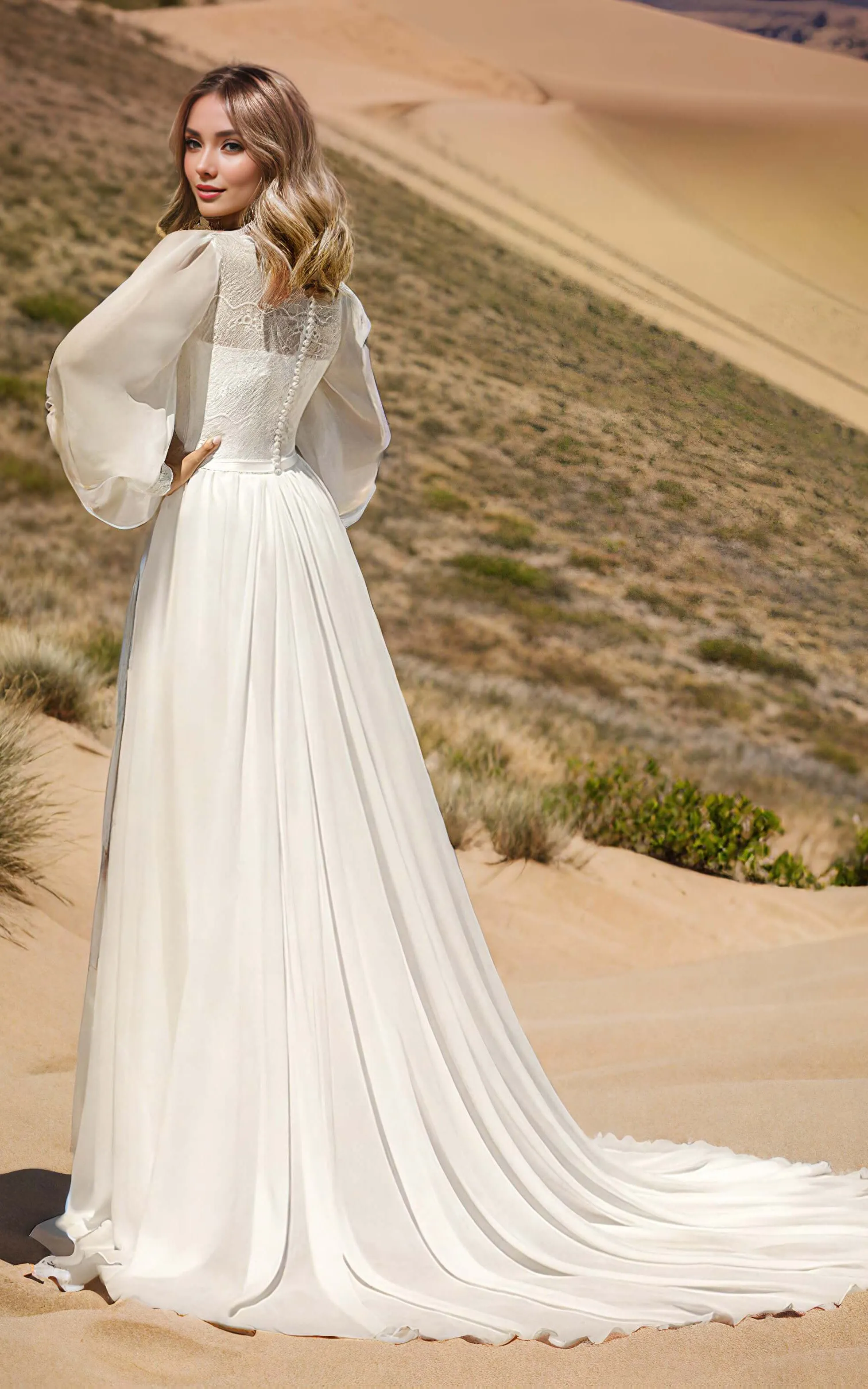 Modest Boho Beach Forest A-Line Lace Wedding Dress with Sleeves Floral Minimalist Boat Neck Chiffon Bridal Gown