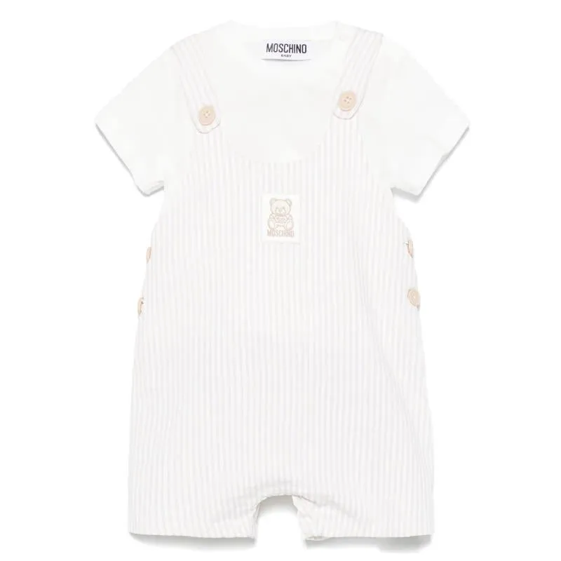 Moschino Baby - Unisex Short Sleeve Tee With Striped Overall And Bear Patch Beige