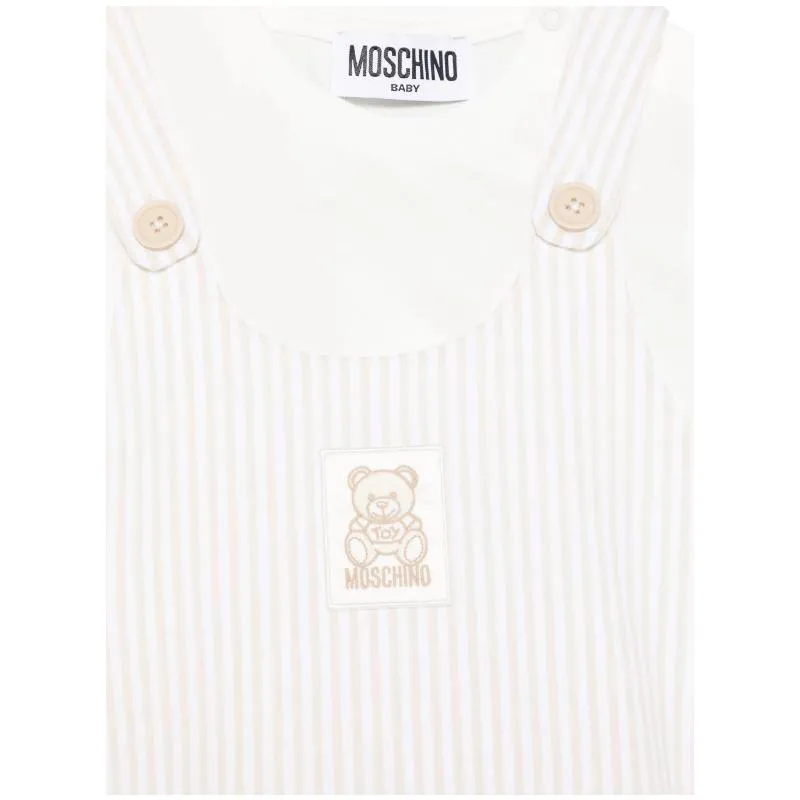 Moschino Baby - Unisex Short Sleeve Tee With Striped Overall And Bear Patch Beige