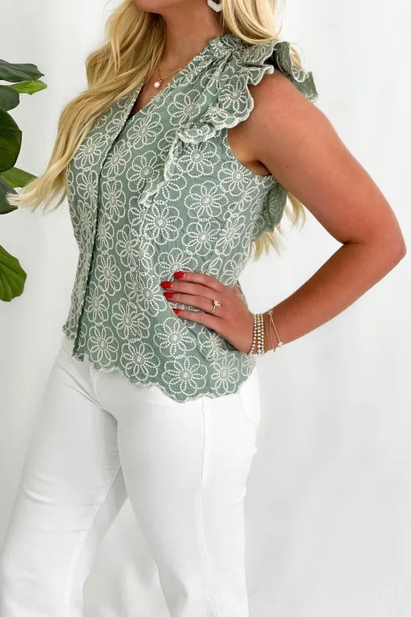 Moss Green Ruffle Embroidery Top