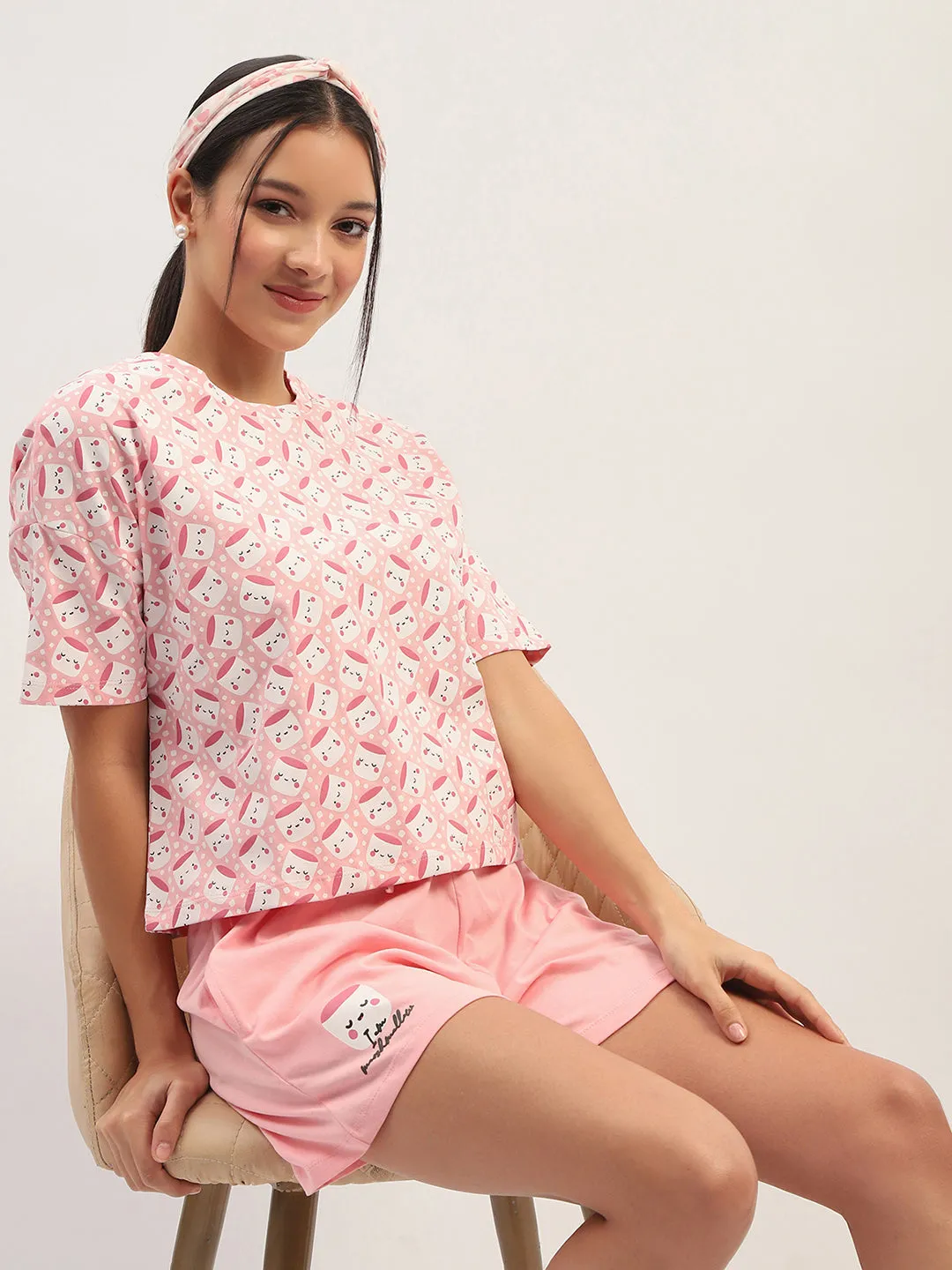 mSECRET Printed Baby Pink Nightsuit Set