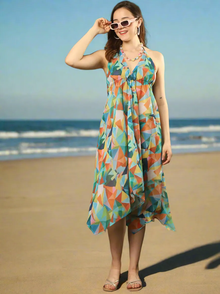 Multi Color Women Abstract Printed Swimwear Cover up Dress
