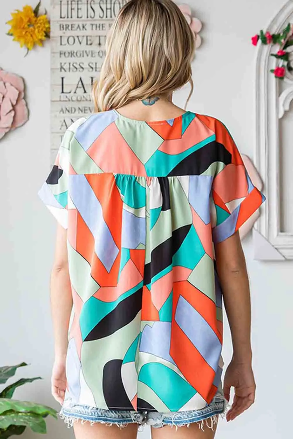 Multicolor Irregular Color Block Printed Short Sleeve Blouse