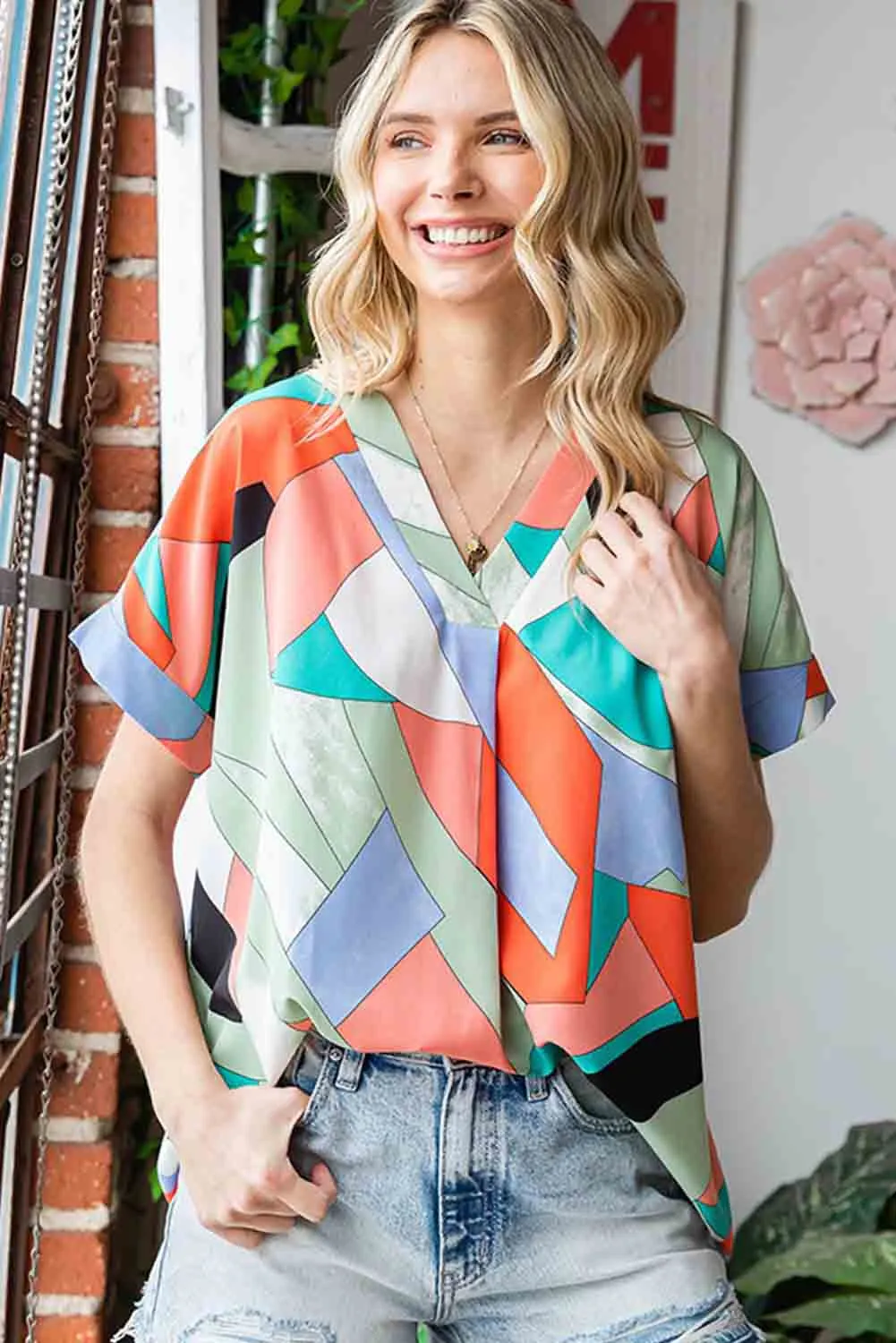 Multicolor Irregular Color Block Printed Short Sleeve Blouse