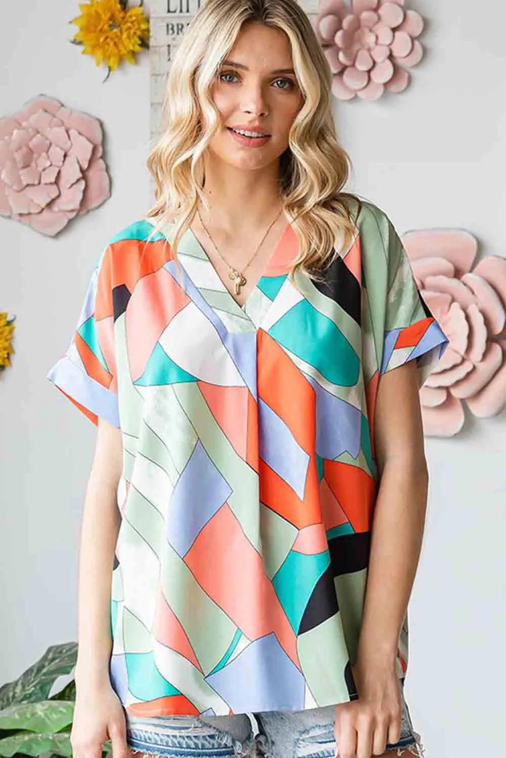 Multicolor Irregular Color Block Printed Short Sleeve Blouse