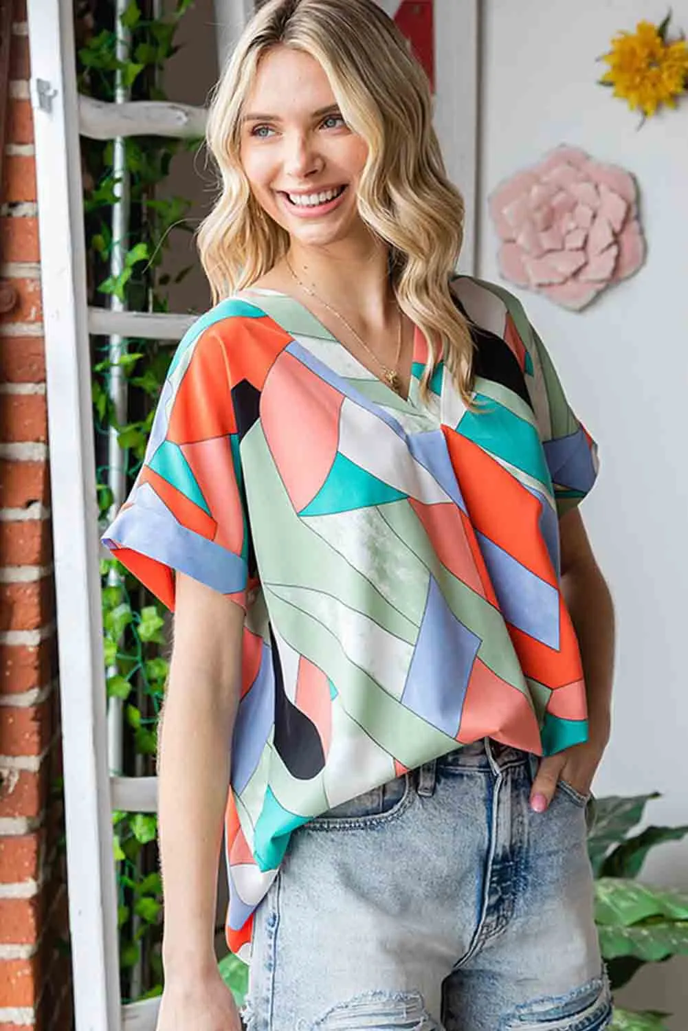 Multicolor Irregular Color Block Printed Short Sleeve Blouse