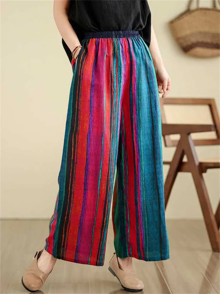 Multicolor Stripe Ethnic Style Linen Wide Leg Pants for Women