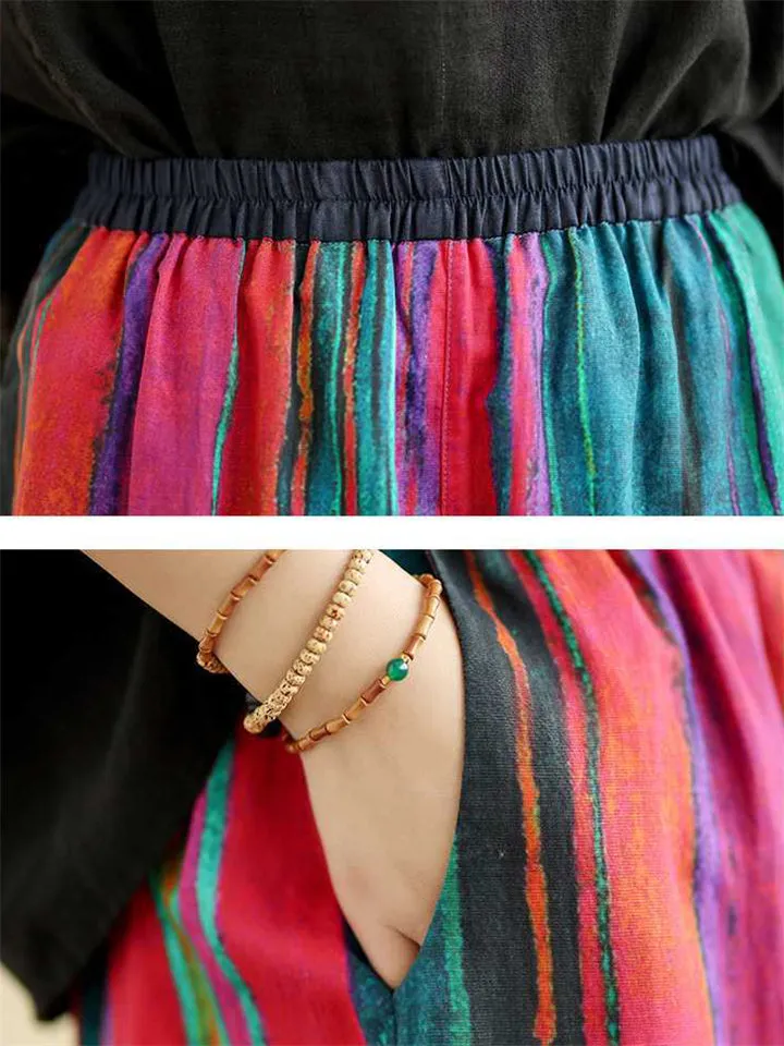 Multicolor Stripe Ethnic Style Linen Wide Leg Pants for Women