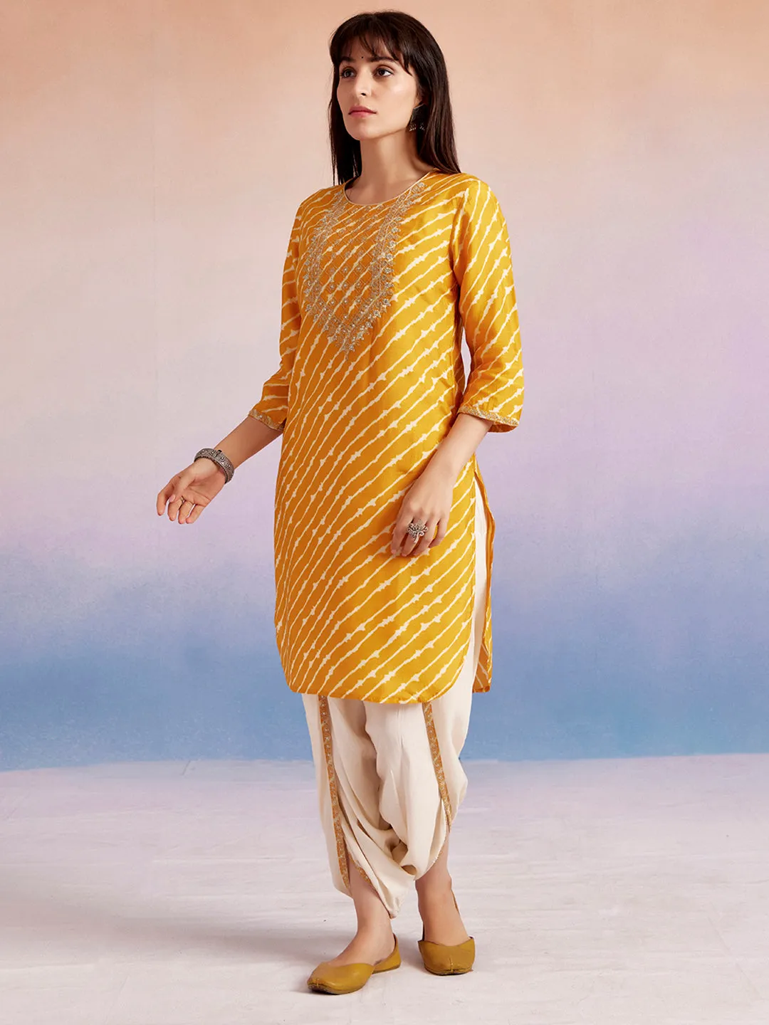 Mustard Embroidered Leheriya Kurta With Dhoti