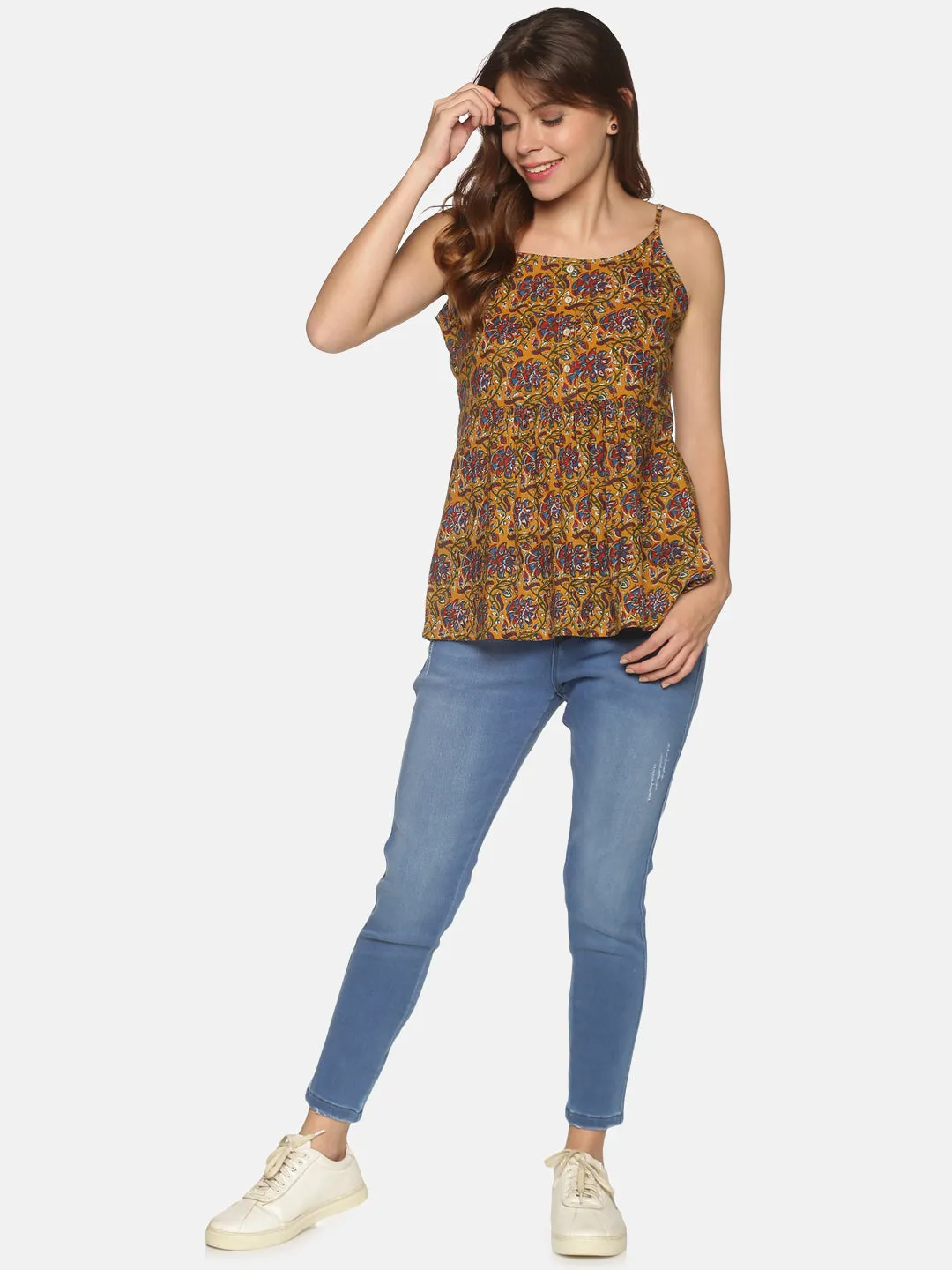 Mustard Floral Printed Peplum Top with Adjustable Shoulder Straps