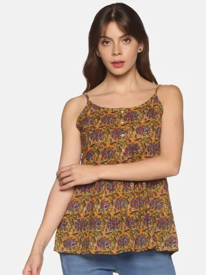 Mustard Floral Printed Peplum Top with Adjustable Shoulder Straps