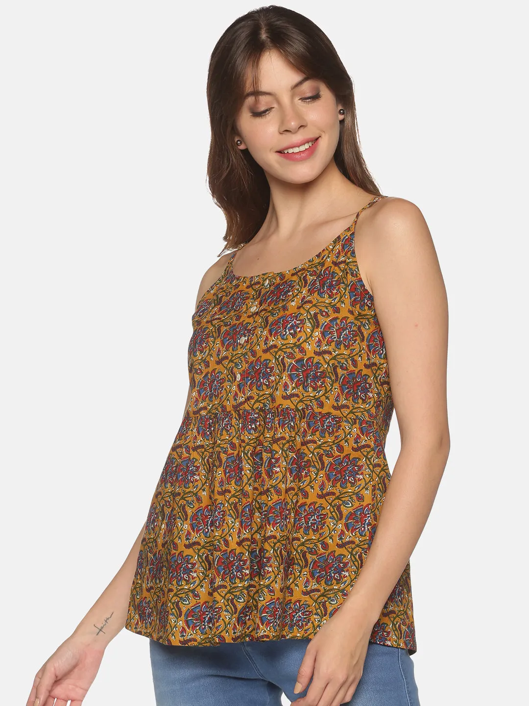 Mustard Floral Printed Peplum Top with Adjustable Shoulder Straps