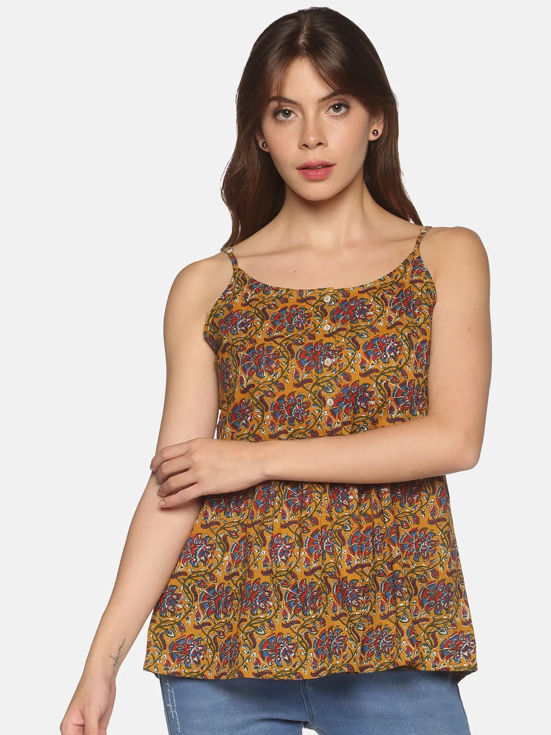 Mustard Floral Printed Peplum Top with Adjustable Shoulder Straps