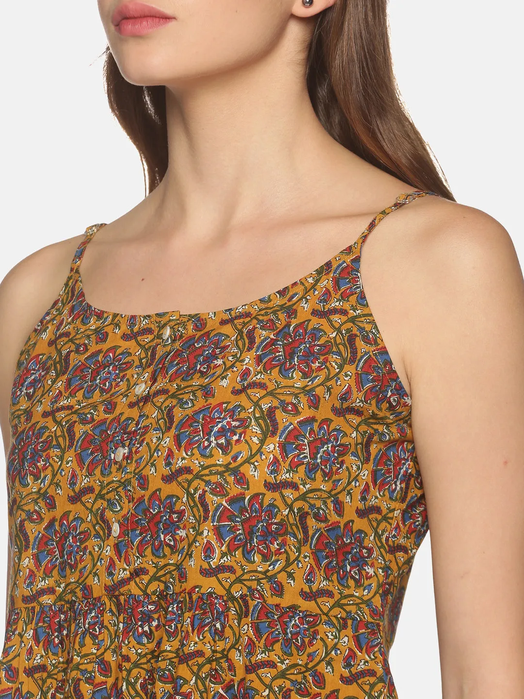 Mustard Floral Printed Peplum Top with Adjustable Shoulder Straps