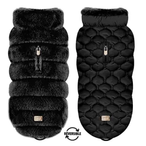 MYA Reversible Dog Puffer Coat in Black Faux Fur/Black