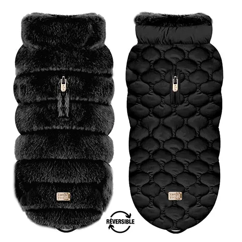 MYA Reversible Dog Puffer Coat in Black Faux Fur/Black