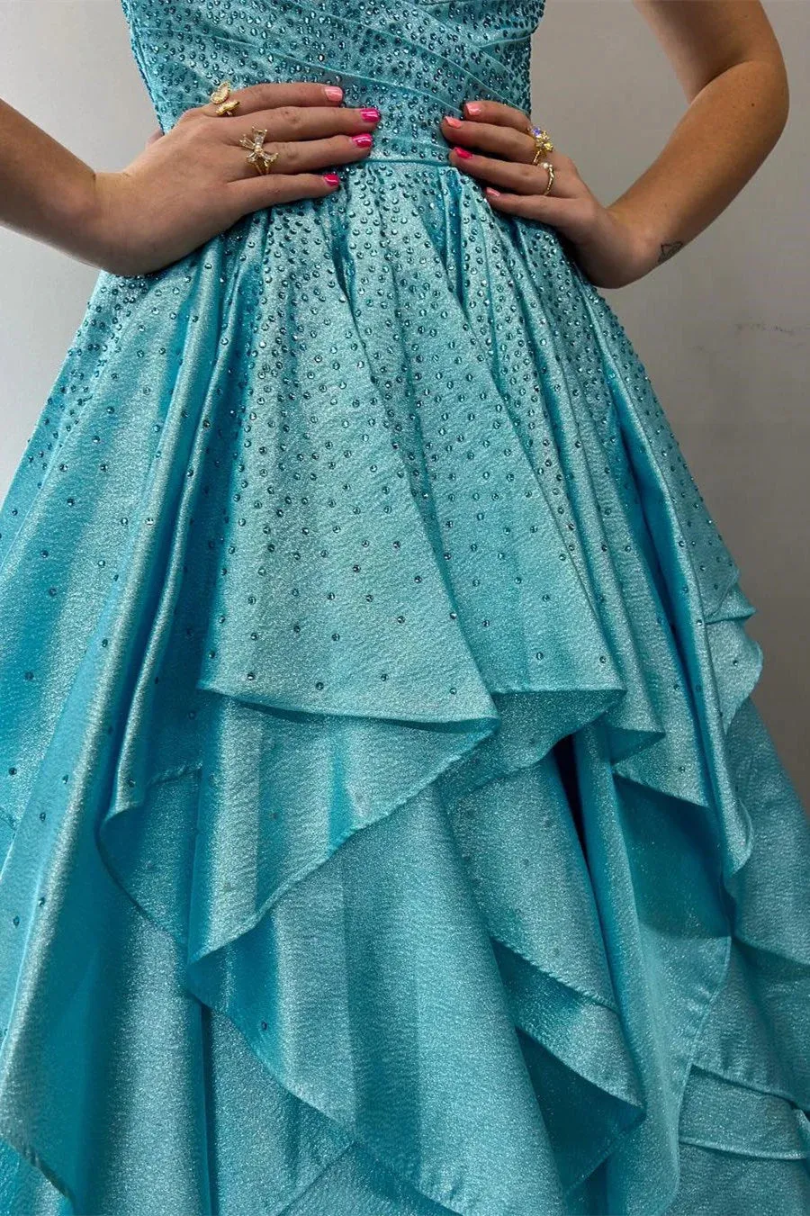 Nacre | Aqua Blue Hot Stone Multi-Layer Ruffle Long Prom Dress