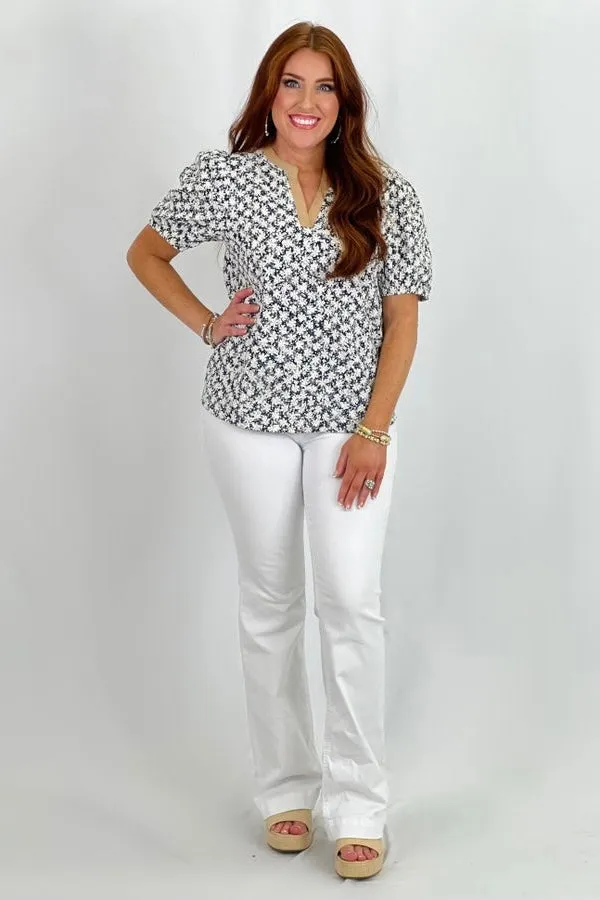 Navy Floral Embroidered Puff Sleeve Top